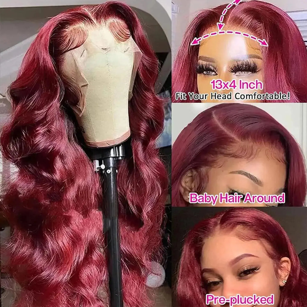 200% Body Wave Wig Burgundy 99J Lace Front Wig 13x4 13x6 HD Lace Frontal Wig Human Hair Pre Plucked 99j Red Colored Wig luxelootstore