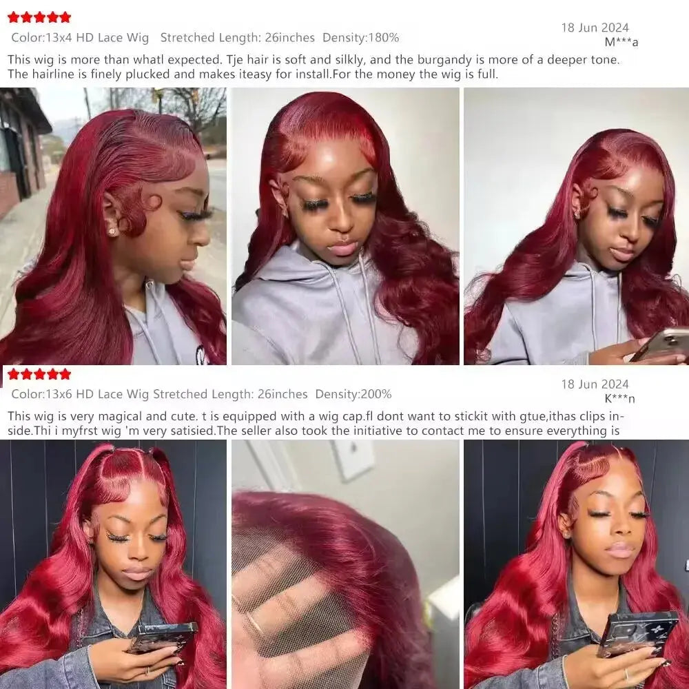 200% Body Wave Wig Burgundy 99J Lace Front Wig 13x4 13x6 HD Lace Frontal Wig Human Hair Pre Plucked 99j Red Colored Wig luxelootstore