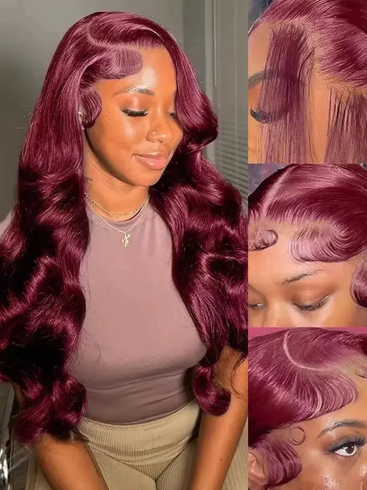 200% Body Wave Wig Burgundy 99J Lace Front Wig 13x4 13x6 HD Lace Frontal Wig Human Hair Pre Plucked 99j Red Colored Wig luxelootstore