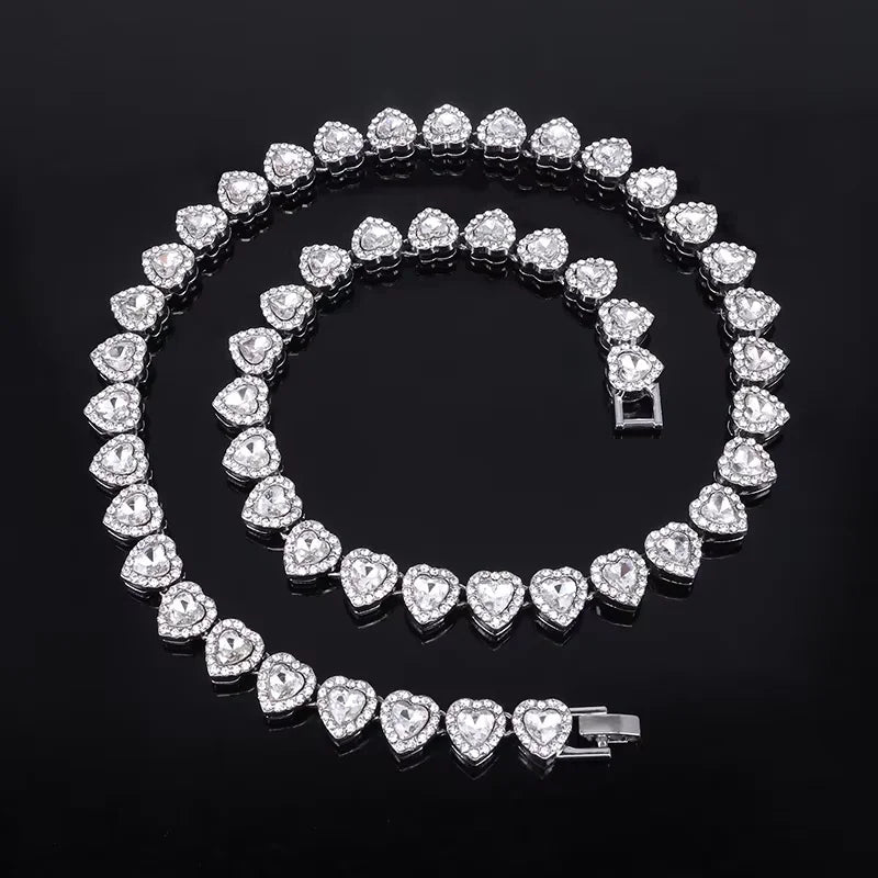 45CM Heart Rhinestone Hop Tennis Chain Bracelet Necklace Set Shiny Jewelry Gift for Women Men Unisex Fashion Party Accessory luxelootstore