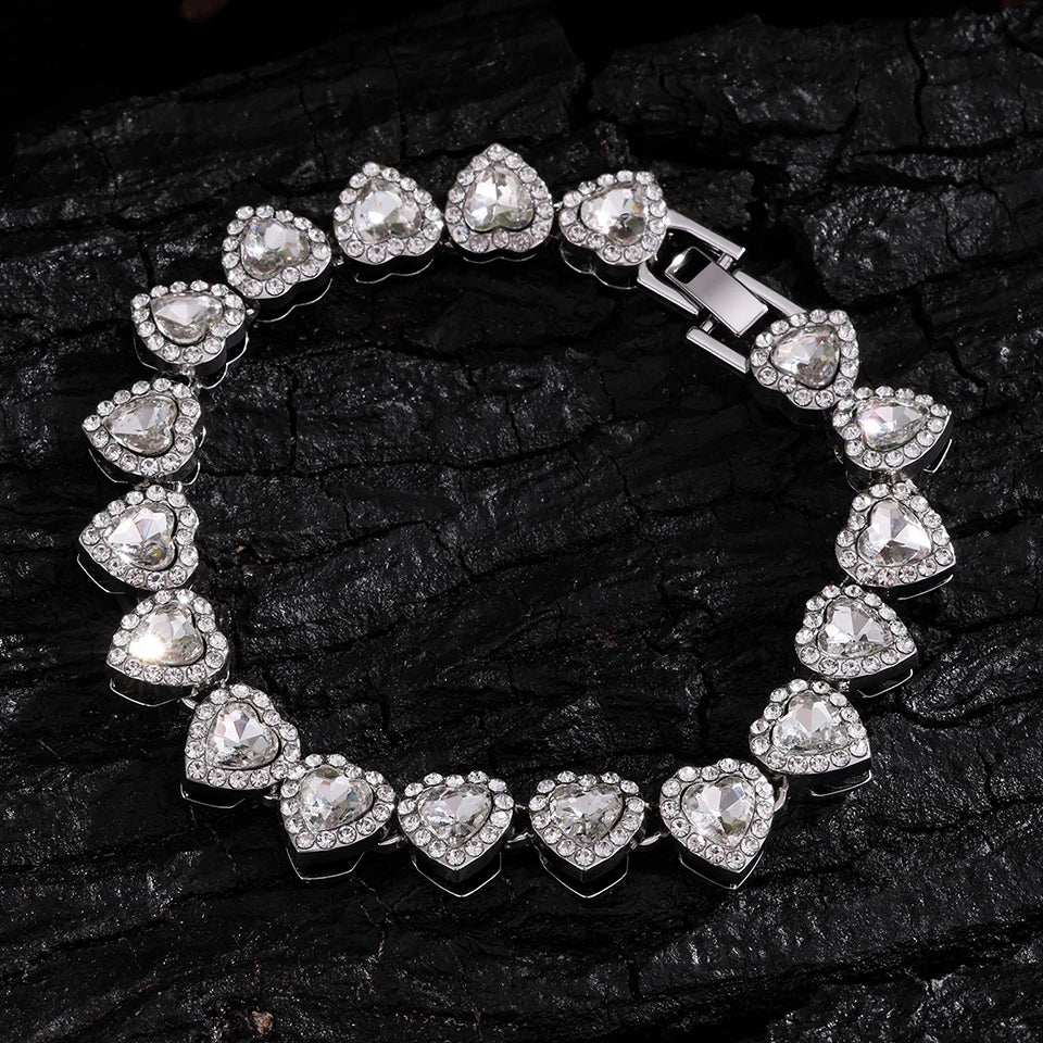 45CM Heart Rhinestone Hop Tennis Chain Bracelet Necklace Set Shiny Jewelry Gift for Women Men Unisex Fashion Party Accessory luxelootstore