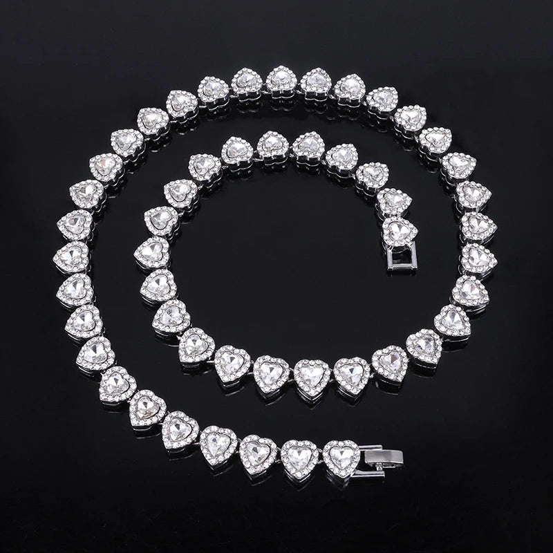 45CM Heart Rhinestone Hop Tennis Chain Bracelet Necklace Set Shiny Jewelry Gift for Women Men Unisex Fashion Party Accessory luxelootstore