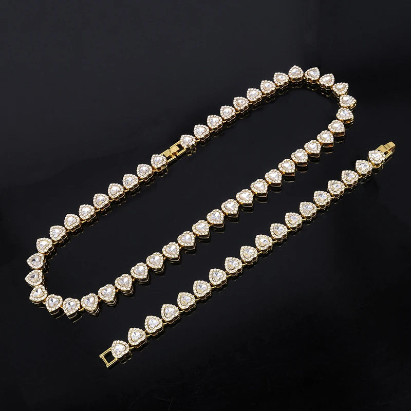 45CM Heart Rhinestone Hop Tennis Chain Bracelet Necklace Set Shiny Jewelry Gift for Women Men Unisex Fashion Party Accessory luxelootstore