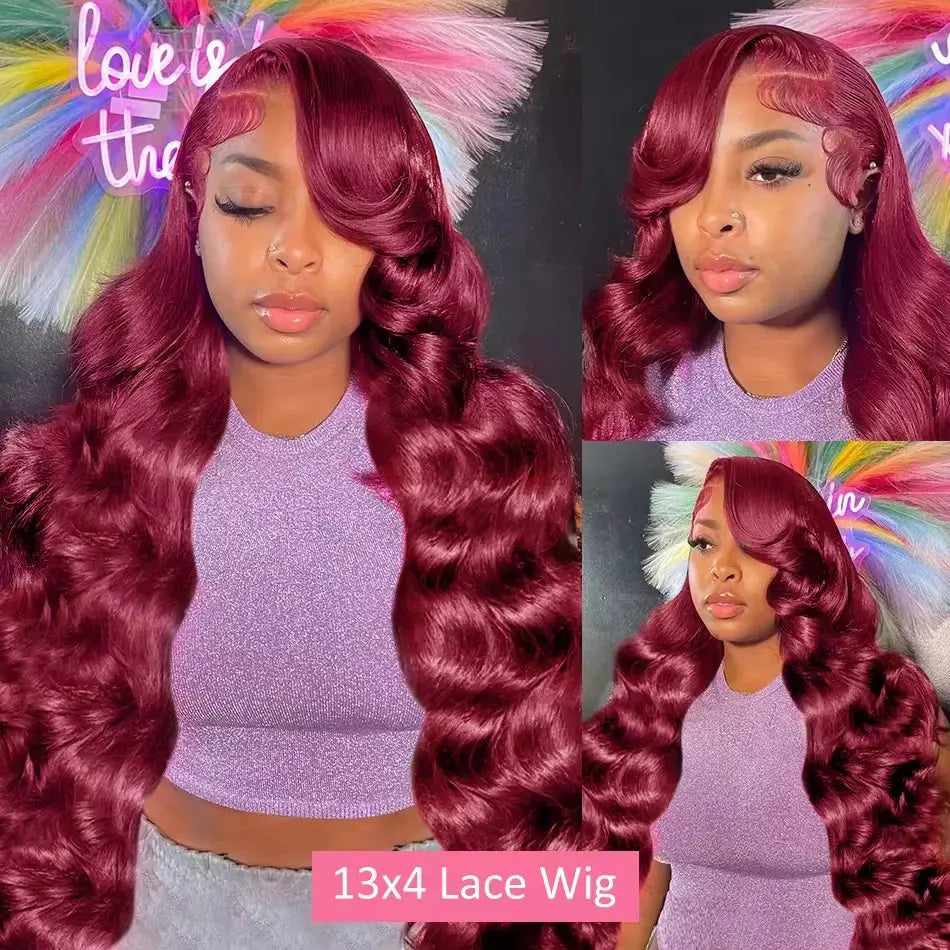 200% Body Wave Wig Burgundy 99J Lace Front Wig 13x4 13x6 HD Lace Frontal Wig Human Hair Pre Plucked 99j Red Colored Wig luxelootstore