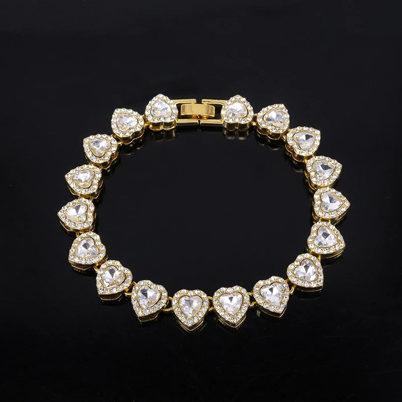 45CM Heart Rhinestone Hop Tennis Chain Bracelet Necklace Set Shiny Jewelry Gift for Women Men Unisex Fashion Party Accessory luxelootstore