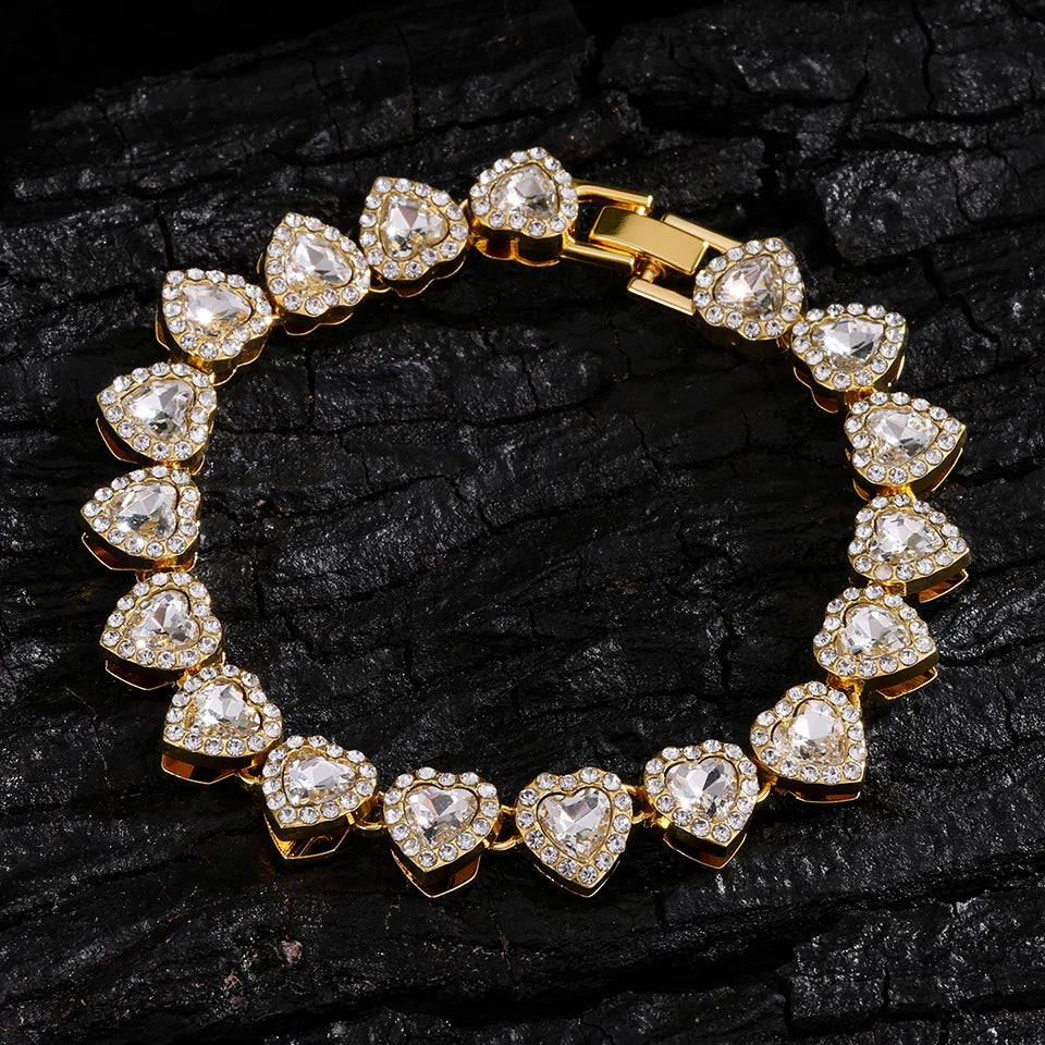 45CM Heart Rhinestone Hop Tennis Chain Bracelet Necklace Set Shiny Jewelry Gift for Women Men Unisex Fashion Party Accessory luxelootstore